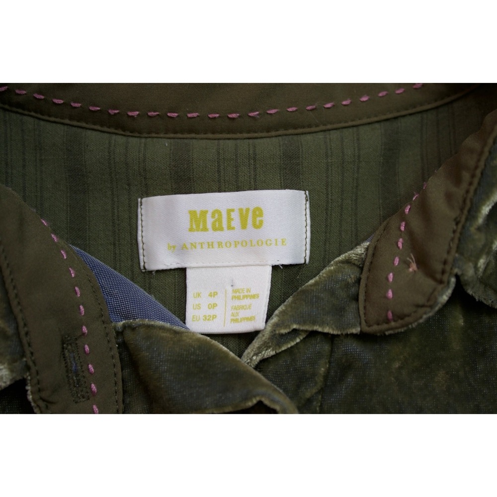 Anthropologie Maeve Green Karina Crushed Velvet Button Down Shirt Moss Petite 0P - Picture 3 of 10